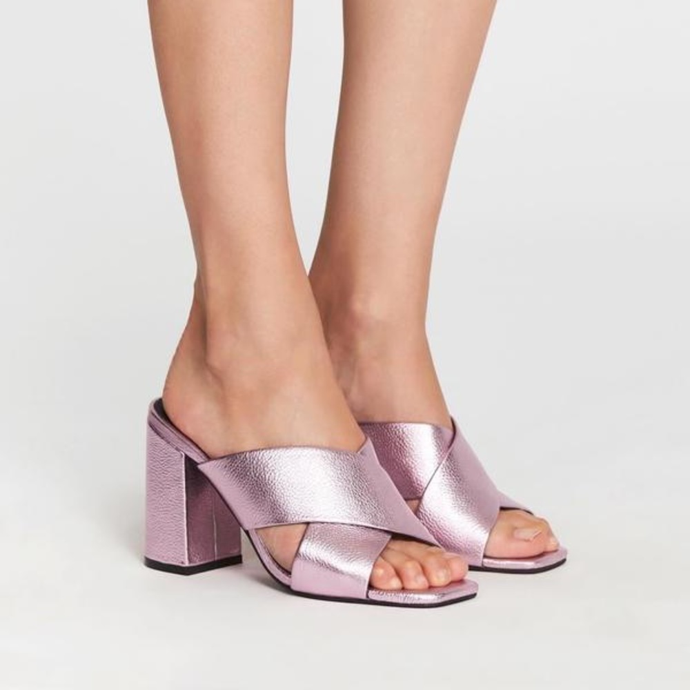 Solsana Pink Metallic Chunky Heeled Shoes